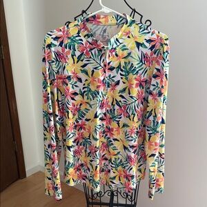 Emerald Pink and Gold Fitted Long Sleeve Polo zip front Shirt